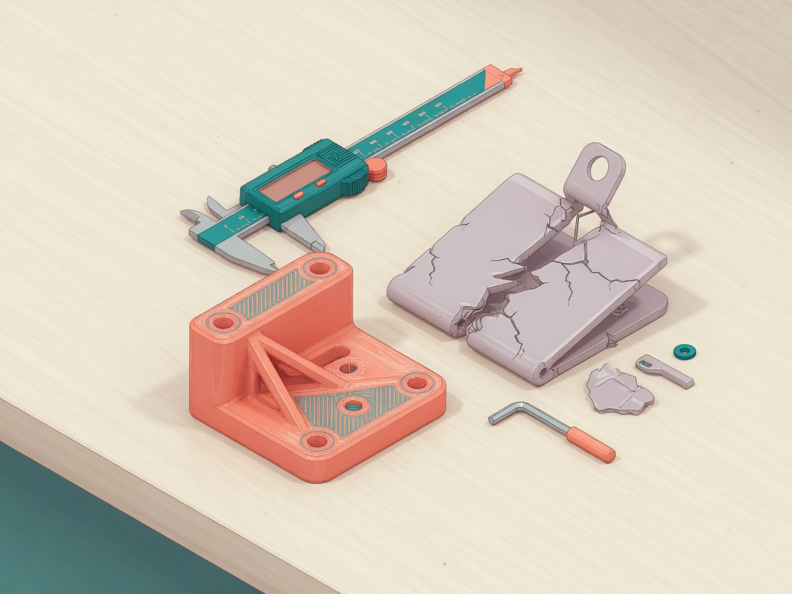 A new 3D-printed bracket next to a cracked plastic clip and digital calipers