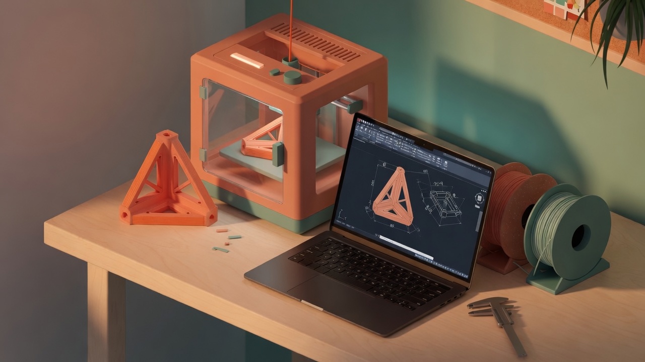 A CAD model of a bracket on a laptop next to a printer making the same part