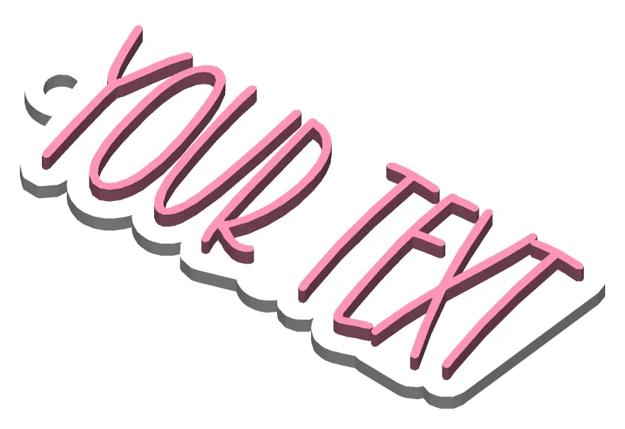 Sample keychain with a white base and pink letters. The sample says YOUR TEXT.